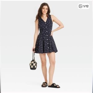 Navy Blue Floral Button-Front Godet Mini A-Line Dress pockets- New with tags